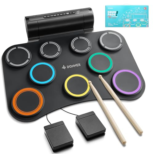 Donner Elektronisches Drum-Pad, 9 Pads Elektronisches Schlagzeug-Set Roll Up Leises Drum-Pad mit eingebautem Lautsprecher, Kinder Urlaubs- & Geburtstagsgeschenk Musikspielzeug DED-20(SE)