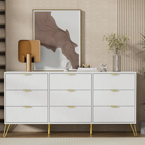 UEV Cassettiera 9 Cassetti, Como con Motivo a Linea 150x34x74cm, Bianco