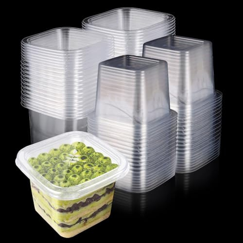 LDXDRU 150 Pack 400ml / 14oz Plastic Dessert Cups with Lids | Clear Parfait Appetizer Cup, Square Cheesecake Pots Serving Bowls for Puddings Yogurt Mouss Trifles - 10 x 10 x 7cm