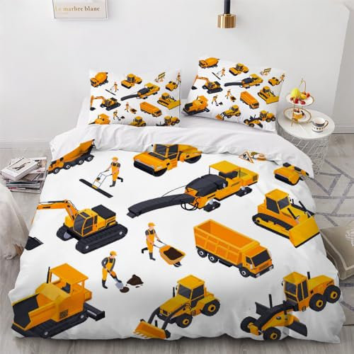 SK-YBB Kinderbettwäsche 135x200 Technisches Fahrzeug Bettwäsche Set 135x200 mit Reißverschluss mit 2 Kissenbezüge LKW-Bagger Gelb Bettbezüge 135x200 Mikrofaser 3 Teilig