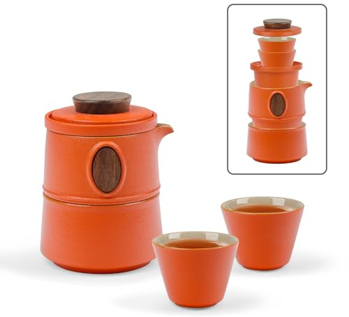 fanquare Tragbares Reiseteeservice mit Etui Porzellan Teeservice Orange Chinesische Kung Fu Teekanne mit Infusor Mini Reise Keramik Teekanne 1 Kanne 3 Tassen für Zuhause Büro im Freien