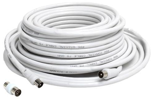 VoltShine Cable de TV RG6U 20m con conectores macho a macho y accesorios, ideal para conexión de antenas y transmisión de señal de video.