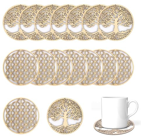 DEANKEJI Kork Untersetzer, 16er Set 10cm Untersetzer Holz, Tassenuntersetzer des Geschnitzten Musters, Zwei Stile, Florale Untersetzers, für Zuhause, Restaurant, Bar