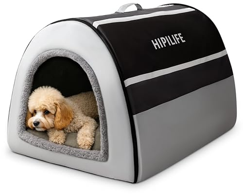 ALLSOPETS Hundebett 2-in-1 Faltbares Selbstwärmendes Haustierzelt Höhlenbett für Katzen und kleine bis mittelgroße Hunde Tragbares Hundehäuschen mit Griffen (Skandinavisches Grau, M)