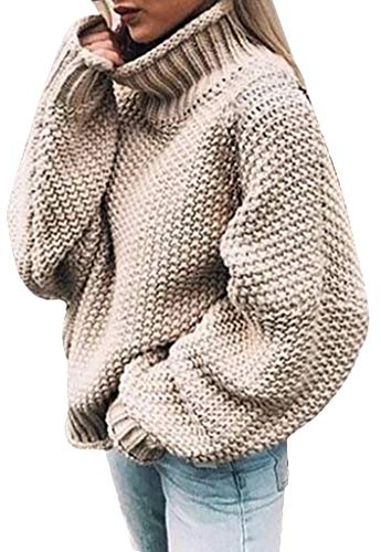 Einfarbig Rollkragenpullover Damen, Pullover Damen Winter Elegant, Lose Casual Tailliertes Langarm Strickpullover Damen Thermo Winterpullover Frühling Herbst Grobmaschig Pullover Damen, Khaki 3XL