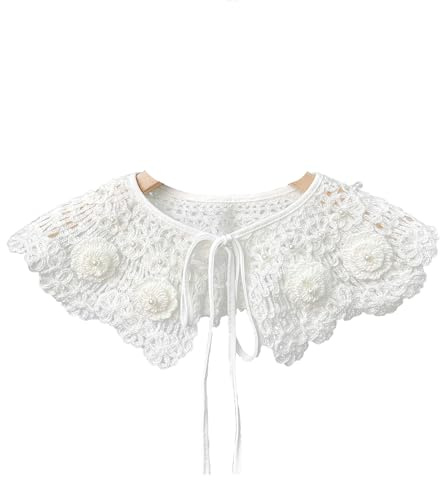 LIANCHEN Blumen-Spitze Falscher Kragen Ausgehöhltes Bestickter Spitzenkragen Falscher Kragen mit Perlen Weiß Blumen Stickerei Halskrause Kragen für Nähen, Diy-Kostümkleidung, Frauen, Mädchen (Weiß)