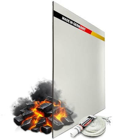 ROBAX Premium Kaminglas 4mm von Schott – 32x32cm Kaminscheibe/Ofenglas – Feuerfestes Glas bis 800°C als Ofenscheibe Ersatz für Kaminofen – Optional mit Ofendichtschnur & Kleber