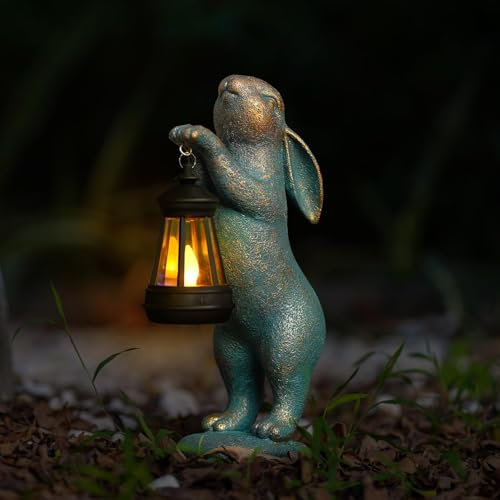 Lysliv Rabbit Garden Ornaments Outdoor with Solar Lantern, Outdoor Garden Statues Bunny Figurines Decorations for Patio Yard Lawn Ornaments Gifts for Birthday Easter Housewarming