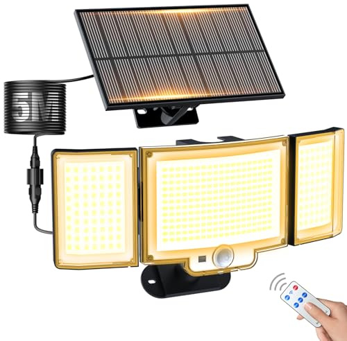 Peasur Solarlampen für Außen mit Bewegungsmelder,366 LED Solar Aussenleuchte Wandleuchte mit Fernbedienung,3Modi Licht 270° IP65 Wasserdicht Solarleuchte Aussen Garten mit 5m Kabel-warmweiß