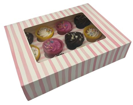SwiftPick Home 3 x 12-hole Cupcake Boxes With Windows | White & Pink Stripes | 32 x 24 x 7.5cm | Pop Up Cupcake Box | Cake Box Holder | Removable Insert Tray | For Cupcakes & Muffins