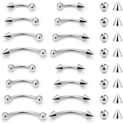 Boernfnso Eyebrow Piercing Jewelry Surgical Steel Curved Barbell Tiny Eyebrow Ring Vertical Labret Lip Jewelry Ear Rook Navel Small Belly Button Ring for Women Men 16g 6mm/8mm/10mm/12mm