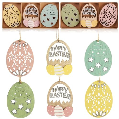 com-four® 12x Dekoaufhänger Ostern, Osterschmuck aus Holz zum Aufhängen | Holzaufhänger Osterei für den Osterstrauß