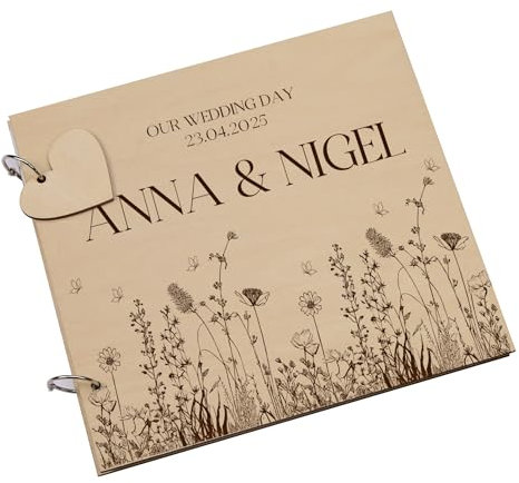 Personalised Wooden Wedding Guestbook, Laser Engraved Wildflower Design, 23 x 23 cm, 30 Pages