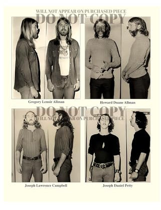 The Allman Brothers Band Mugshot Photographs 28.9 x 35.6 cm - Magnífico juego de fotos de taza de 1971 - Gregg Allman - Duane Allman - Roadies - Red Dog - Joseph Lawrence Campbell - Joseph Daniel