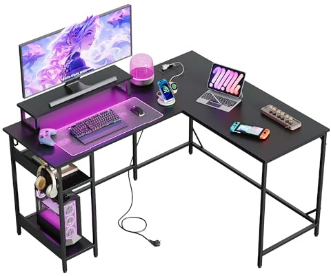 DEVAISE Scrivania Gaming Angolare L 140×118 cm o 208x50cm con LED RGB e prese elettriche, Scrivania da Ufficio con Mensole e Supporto Monitor, Tavolo Computer per Home Office, Nero