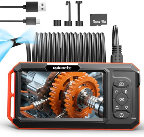 Triple Lens Borescope with 5 IPS Screen, 1920P HD Inspection Endoscope Camera with 50FT Semi-Rigid Snake Cable & 32GB Card, IP67 Waterproof Plumbing Camera for Sewer/Automotive/Drain Pipe