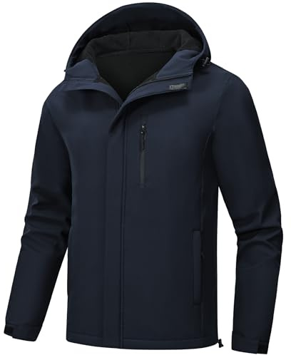 Huayuzh Veste softshell pour homme - Veste d'hiver imperméable - Coupe-vent - Doublure polaire chaude - Veste de pluie - Randonnée - Camping, bleu marine, XL