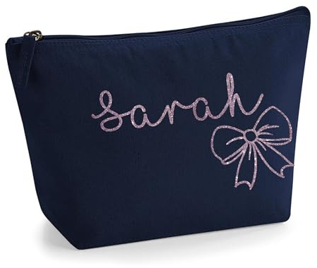 Personalisierter Name Initialen Textstil süßes Schleifen Design Make-up Accessoire Tasche Kosmetiktasche Damen Schminktasche mit Texturdruck - Roségold Glitzer - M Marine