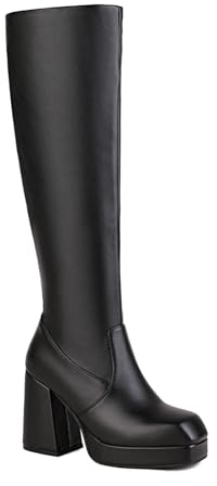 VBEDKDEB Stivali da donna al ginocchio, stivali alti al ginocchio, stivali da donna, tacco grosso, punta quadrata, polpaccio alto e largo, alla moda, con cerniera laterale, scarpe Dirndl, Nero , 39 EU