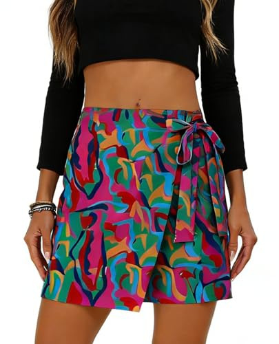 EARKOHA Womens Wrap Skirt One Piece Floral Boho Mini Skirt A Line Vacation Knot Side Short Skirt Multicolor 2XL