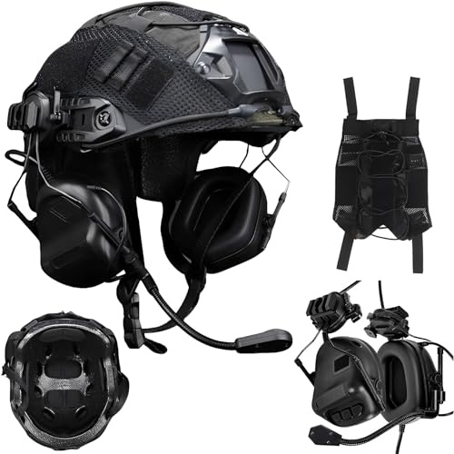 LZAQHMT Set Casco Softair Leggero PJ Type FAST Con Cuffie Tattiche E Copricasco | Attrezzatura Per Caccia, Cosplay, Paintball, Wargame(BLACK)
