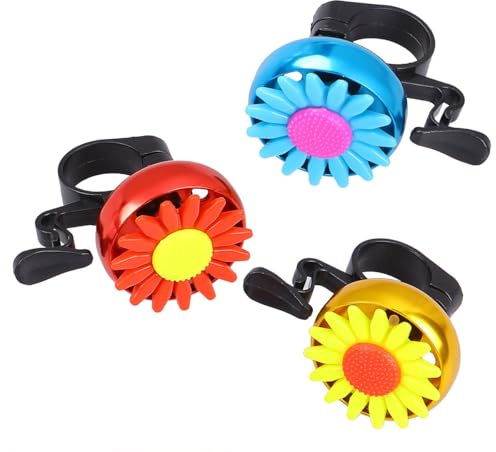 Healeved Campanello per Bicicletta a Fiore 3 Pezzi in Lega di Alluminio Suono Forte Campana Girasole Colorata Rosso Blu Oro Adatta per Bici Scooter e Mountain Bike