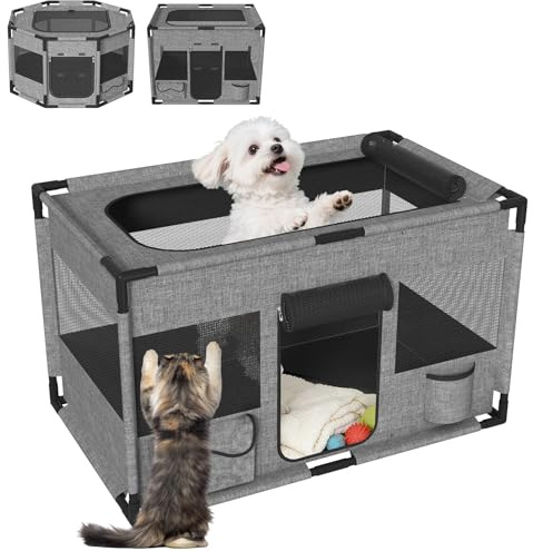 ACXIN Welpenauslauf 100x60x60 cm, Hundebox & Katzenkäfig aus Oxford-Gewebe mit PVC-Rahmen, Seitentaschen, Tragbar Tierauslauf, Mobiler Welpenlaufstall für Hunde und Katzen(Quadratischer)