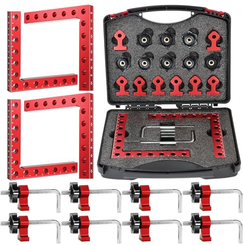 Lot de 4 Blocs de Positionnement à 90° en Alliage d'Aluminium | Pinces de Fixation à Angle Droit pour Travail du Bois, Assemblage de Cadres et Menuiserie, avec Boîte de Rangement