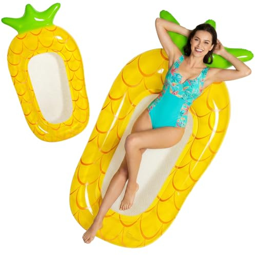 Aufblasbare Tanning Pool, Ananas Luftmatratze mit Kopfstütze Netz, 166x92cm Wasserhängematte Luftmatratze Pool Wasser Erwachsene für Schwimmen, Sonnenbaden und Poolpartys