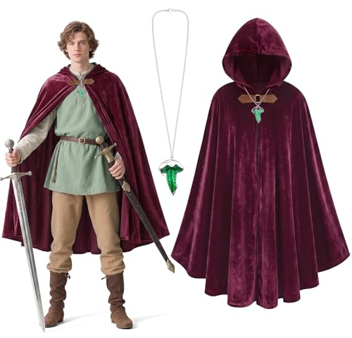 BSBUY Capa Hobbit, Capa con Capucha y Collar de Hojas Verdes | Capa de Terciopelo, Cloak Medieval Unisex Halloween, Cloak de Bruja Medieval Renacentista Fiestas Cosplay