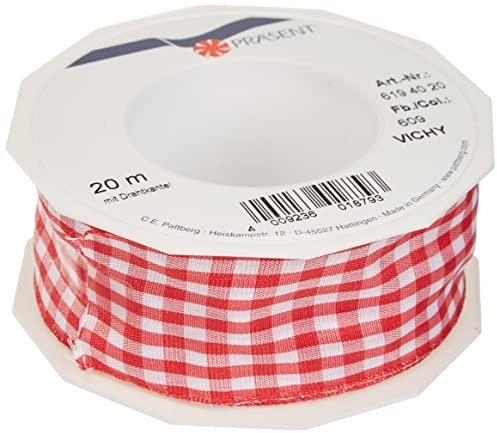 PRÄSENT Vichy Geschenkband mit Drahtkante rot/weiß, 20 m Dekoband zum Verzieren & Basteln, 40 mm Breite, Kariertes Band für Bunte Dekos & Geschenkverpackungen, zu feierlichen Anlässen