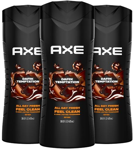 AXE Men's Body Wash, Dark Temptation, 3-Pack, 12H Refreshing Chocolate Scent, 16 Fl Oz Ea
