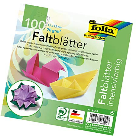 folia 8915 – Fällbara blad 15 x 15 cm, 70 g/kvm, 100 ark sorterade i 10 intensiva färger – perfekt för pappersveck och för andra kreativa hantverk