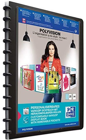 Oxford Ring-Mappe A4 Polyvision, Präsentations-Buch mit 20 Hüllen, Vario-Zipp, Austausch- und erweiterbar, schwarz, 1 Stück