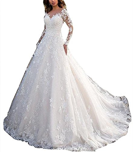 Nanger Abito da sposa da donna, linea A, da principessa, con scollo a V, pizzo, maniche lunghe, bianco, 2018, taglia 32