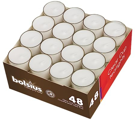 bolsius Genuine Tea Light Candles in Clear Holder Cups Bulk 48 Set. Long Burning 8hr, Unscented, for Mood, Dinners, Parities, Home, Decoration, Wedding, Crafts, Weiß