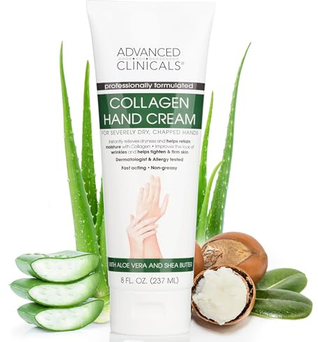 Advanced Clinicals Plant Collagen Hand Cream Skin Care Lotion For Dry Cracked Hands. Soothing & Hydrating Collagen Hand Lotion For Chapped Hands W/ Aloe Vera, Green Tea, & Shea Butter, Large 8 Fl Oz