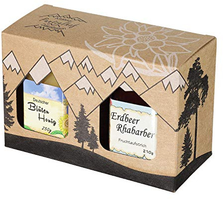 Allgäuer Genuss-Box – Feinkost Geschenk-Set 250g Deutscher Honig und 210g Handgemachter Fruchtaufstrich- Attraktives Geschenkset aus Kraftkarton