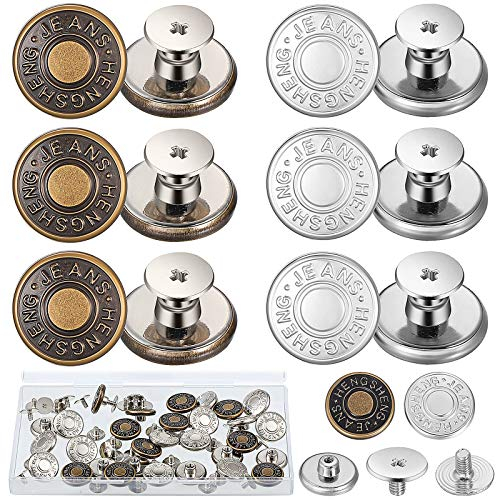 30 Sets 17 mm Ersatz Jean Knöpfe No-Sew Metall Knöpfe mit Aufbewahrungsbox Abnehmbare Hosen Knopf Reparatur Druckknöpfe Knöpfe für Cowboy Kleidung Jeans Jacken Hosen Taschen (Bronze, Silber)