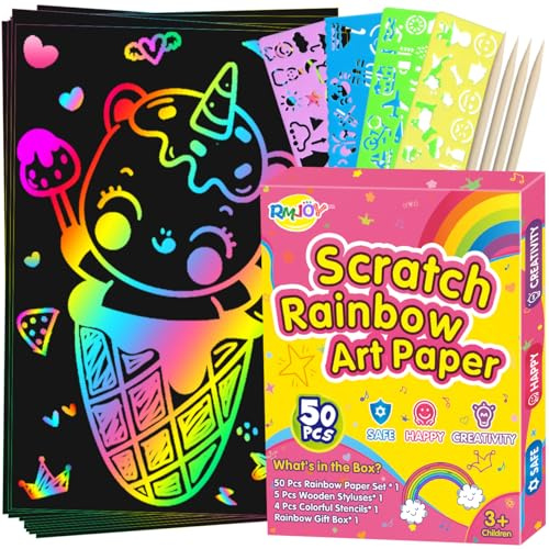 RMJOY Rainbow Scratch Paper Art for Kids: 50PCS Magic Arts Crafts Gifts Toys for Girls Boys Ages 3-12 Games Activities for Birthday Party Family Day Classroom Prizes Easter Basket Stuffers(Girls)