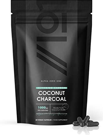 Organic Activated Coconut Charcoal 2000mg - 60 Capsules - from Thai Coconut Shells - Bloating & Gas, Digestion & Flatulence Natural Relief – Resealable and Recyclable Pouch by Alpha01