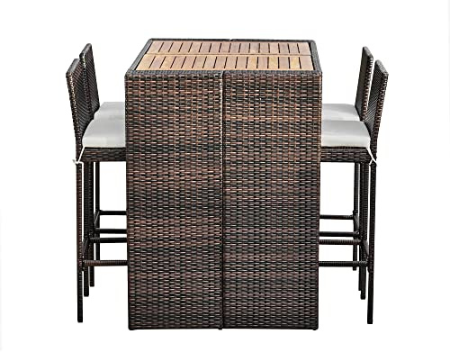 Teamson Home 5-teilige Rattan-Gartenmöbel für den Außenbereich, Stehtisch, Esszimmertisch & Stuhl-Set für Wintergarten mit Holzplatte | Stehtisch, Esszimmertisch & Stuhl-Set, Für den Außenbereich, Für Wintergarten