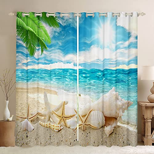 Homewish Vorhänge und Gardinen mit Strandmotiven Blauer Ozean Muscheln Seesterne Bedruckt Verdunkelungsvorhänge 245x140 Strand Küsten Fensterbehandlungen für Kinder Teenager Erwachsene, 2 Bahnen