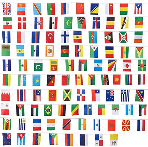 Flagge Welt Flaggenkette 200 Länder Nationalflagge String Fahne 50M Wimpelkette Wetterfest Fahnenkette Klein Länderflaggen Girlande Hängend Weltflaggen WM Olympic Dekoflagge Wand Bar