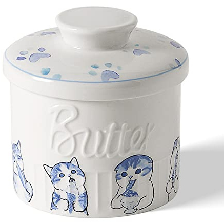 Toptier Butter Crock for Counter with Water Line, On Demand Spreadable Butter, Ceramic Butter Keeper to Leave On Counter, French Butter Dish with Lid (Greedy Cat War)