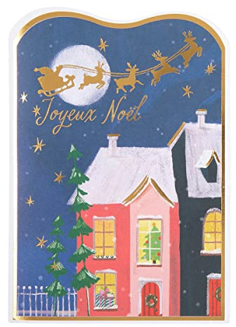 DRAEGER PARIS 1886 - Carte de Vœux Musicale Joyeux Noël - Village de Noël Bleu - Finitions Or 12x17 cm - Enveloppe Incluse - Papier FSC® - Made in England - Design Élégant et Écoresponsable