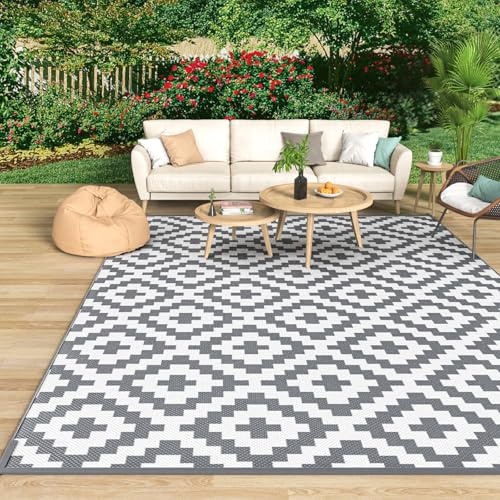 MOKANI Large Outdoor Rug 180x270cm for Patios Waterproof, Anti-slip Plastic Straw Garden Mat Carpet UV Resistant Indoor Area Rugs for Camping, Deck, Beach, Picnic, Backyard (Grey & White)