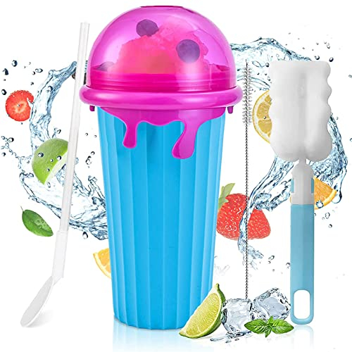 Slushy Cup,Slush Ice Maker,Homemade Smoothie Cup,Smoothie Pinch Ice Cup,Frozen Drink Cup,Slush Gobelet en silicone pour préparer des smoothies congelés avec cuillère à paille(bleu)