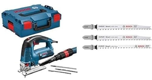 Bosch Professional GST 160 BCE, 160 mm Schnitttiefe in Holz, L-BOXX + 3x Stichsägeblatt Set Expert ‘Wood 2-Side Clean‘ (für Sperr-, Massivholz-Möbelplatte, Länge 117 mm, Zubehör)