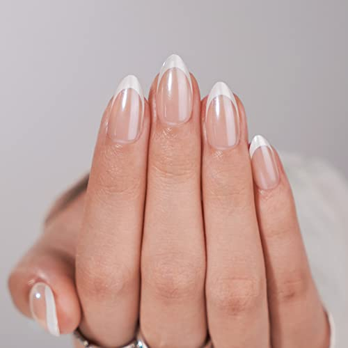 BTArtbox Press On False Nails Short - White French Tip Press On Nails Almond, 30 Pcs Soft Gel Fake Nail in 15 Sizes, Reusable Semi-Transparent Stick on Nails for Women, Classic
